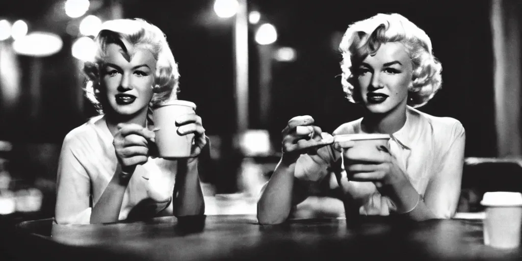 Image similar to A close-up, color cinema film still of a marlin monroe drinking coffee at a starbucks, ambient lighting at night.