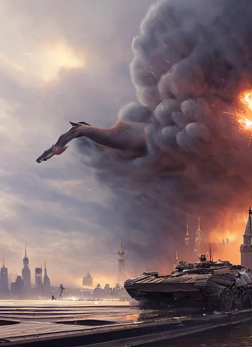 Image similar to hyper realistic giant fluffy caracal attacking moscow city harbor explosions, atmospheric beautiful details, strong composition painted by kim jung giu weta studio rutkowski, james gurney and greg rutkowski, and lucasfilm