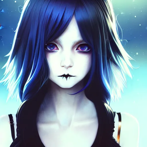 An anime girl with black hair and blue highlights. her hair is long and  straight. her eyes are amber