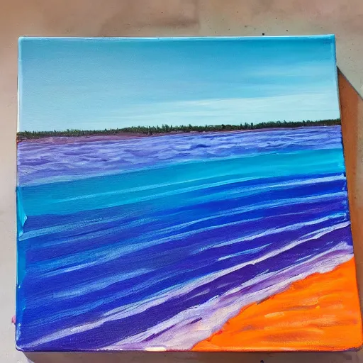 Image similar to Top down acrylic painting of an orange beach and purple ocean