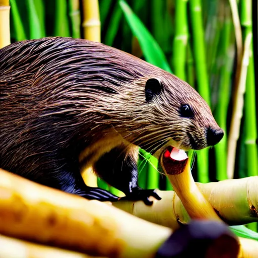 Image similar to wildlife photography of a beaver chewing down a bamboo shoot, f / 1. 8, soft focus, 8 k, national geographic