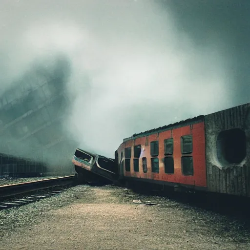 Prompt: a train crashing into a brutalist building, film photo, moody lighting, depressing gradient