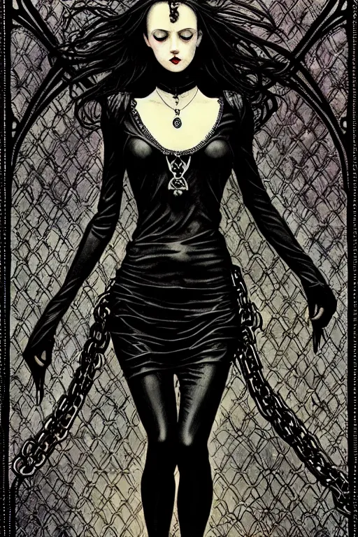 Image similar to dreamy gothic girl, black leather slim clothes, chains, art nouveau, beautiful body, detailed acrylic, grunge, intricate complexity, by dan mumford and by alberto giacometti, peter lindbergh