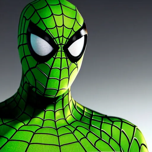 Prompt: still photo of green spider - man, highly detailed, photorealistic portrait, bright studio setting, studio lighting, crisp quality and light reflections, unreal engine 5 quality render