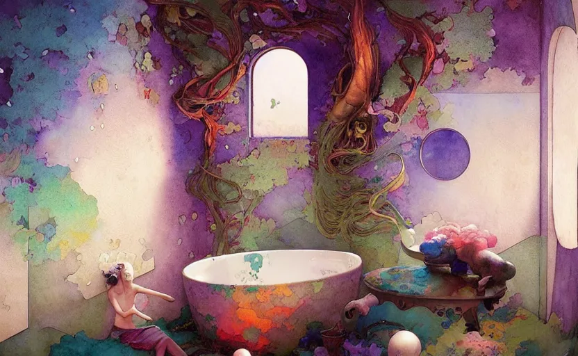 Image similar to bathroom, fantasy. intricate, amazing composition, colorful watercolor, by ruan jia, by maxfield parrish, by marc simonetti, by hikari shimoda, by robert hubert, by zhang kechun, illustration, gloomy