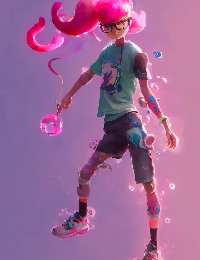 Image similar to a beautiful fullbody portrait of a cute splatoon male inkling with pink hair wearing tshirt leggings under sport shorts. character design by cory loftis, fenghua zhong, ryohei hase, ismail inceoglu and ruan jia. artstation, volumetric light, detailed, photorealistic, fantasy, rendered in octane