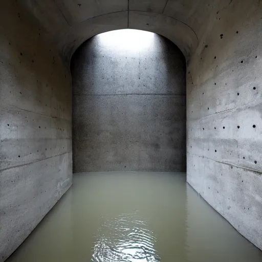 Image similar to flooded concrete structure, surreal architecture, meglaphobia, angled walls, liminal, minimalist architecture,