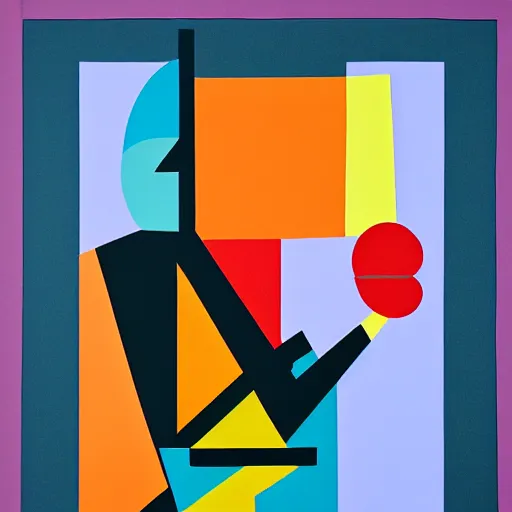 Image similar to portrait of a person playing trumpet, abstract painting in the style of Sophie Taeuber-Arp and Gary Hume and Tatsuro Kiuchi, flat colour-block style, geometric abstraction, dark colours