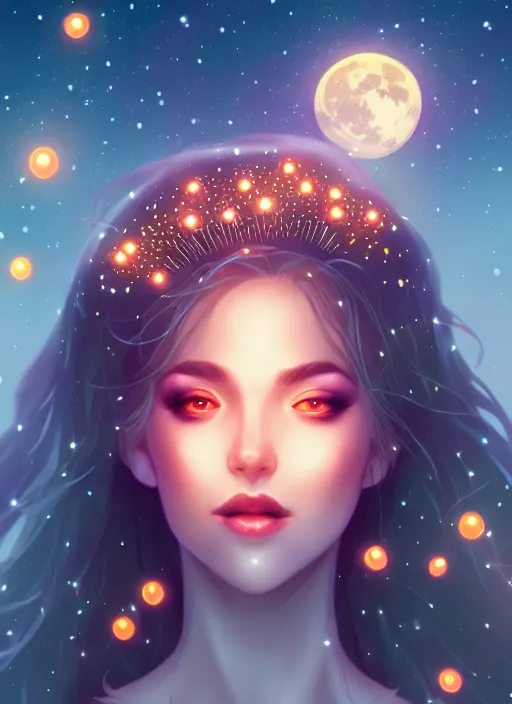 Image similar to queen of the night surrounded by fireflies with the fullmoon in the background, highly detailed, artgerm style, artstation, soft light, sharp focus, illustration, character design, concept art