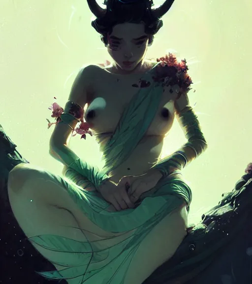 Image similar to portrait of a beautiful queen of the moss with two horns in complex and shiny dress made by leather, by ross tran and atey ghailan, by greg rutkowski, by greg tocchini, by james gilleard, by joe fenton, by kaethe butcher, dynamic lighting, grunge aesthetic