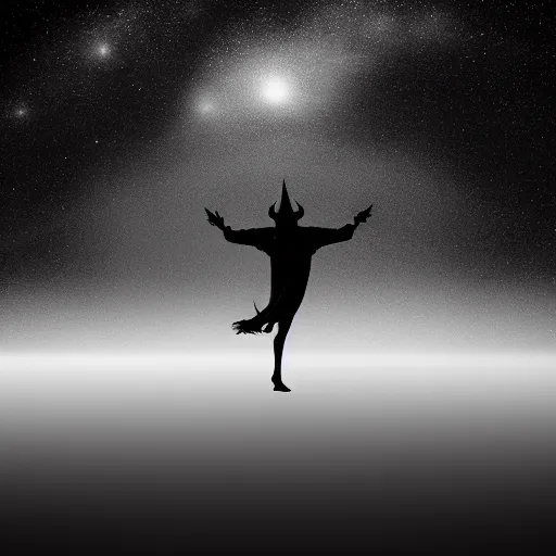 Prompt: a devil falling through the blackness of space, stars twinkle and dance in the background, lonesome, wide shot, background, space, minimalist, realistic