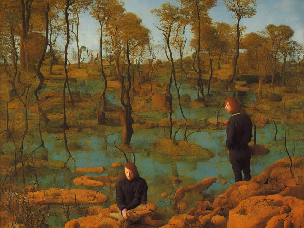 Image similar to Portrait of an artist in front of his canvas, knee deep in a river. Humanoid rocks, coral-like pebbles, autumn light. Painting by Jan van Eyck, Georges de la Tour, Rene Magritte, Jean Delville, Max Ernst, Walton Ford