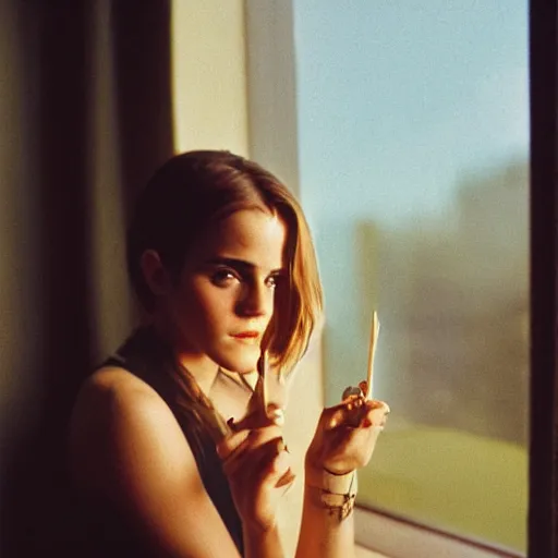 Prompt: Photograph of Emma Watson holding a joint by the window. Golden hour, dramatic lighting. Medium shot. CineStill