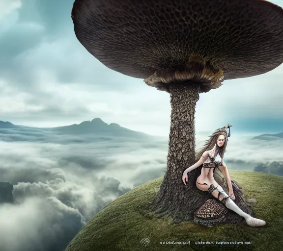 Prompt: a portrait photo of an armored female warrior sitting on the edge of a giant mushroom that covers a whole town and reaches above the clouds by luis royo. intricate. lifelike. soft light. sony a 7 r iv 5 5 mm. cinematic post - processing