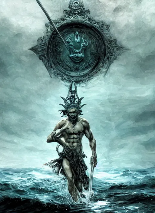 Image similar to Poseidon with crown and trident rising from the ocean, watercolor, dramatic lighting, cinematic, establishing shot, extremly high detail, foto realistic, cinematic lighting, pen and ink, intricate line drawings, by Yoshitaka Amano, Ruan Jia, Kentaro Miura, Artgerm, post processed, concept art, artstation, matte painting, style by eddie mendoza, raphael lacoste, alex ross