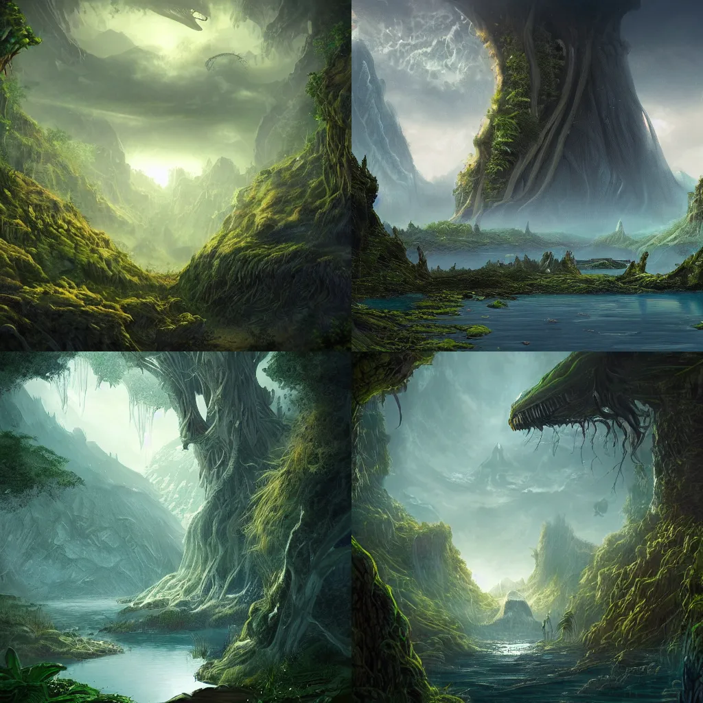 Prompt: fantastic landscape on an alien jungleworld, dark fantasy, monsters, lakes, castles, artstation
