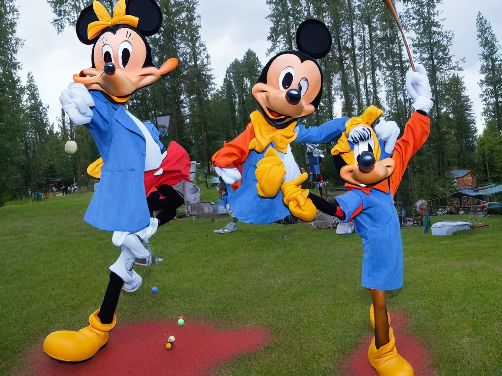 Prompt: disney's goofy playing darts in front yard of finnish summer cabin