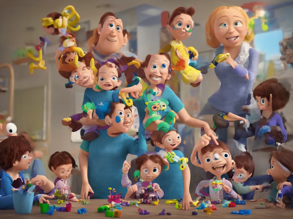 Image similar to a candid photo of an octopus day care provider taking care of multiple children all doing different things. Pixar, 3d, render, octane render, animation