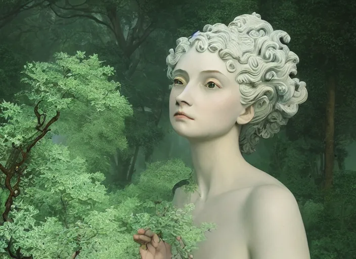 Prompt: a portrait of idealistic marble statue with fractal flowery hair and fair porcelain face and green eyes, in a magical forest, painted in watercolour by, mc escher, gordon onslow ford, georgia o'keeffe and ivan aivazovsky, cinematic light, god rays, colourful, unreal engine, zbrush central,