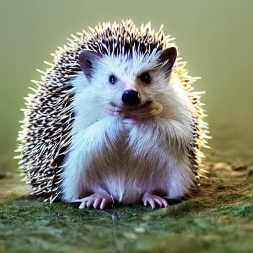 Image similar to a hedgehog sitting on top of white horse, photorealistic