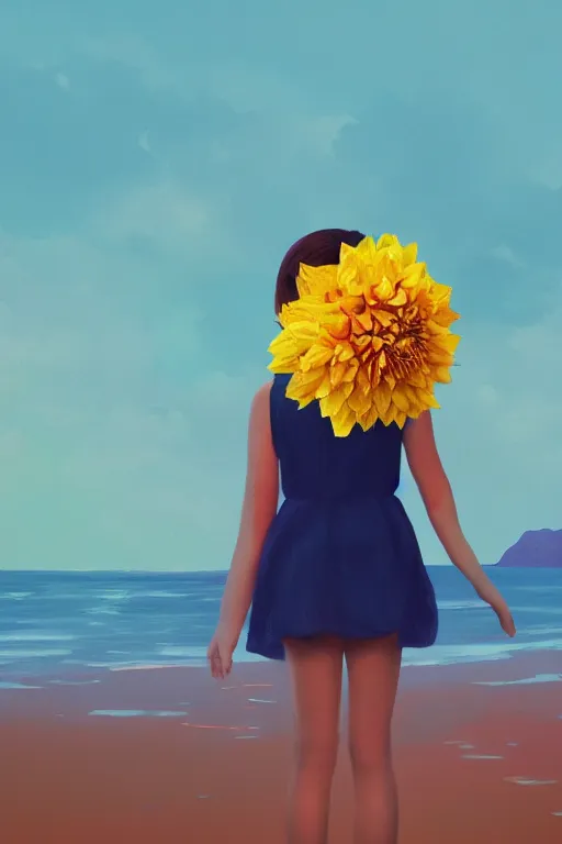 Image similar to closeup girl with huge yellow dahlia flower face, at beach, surreal photography, blue sky, sunrise, dramatic light, impressionist painting, digital painting, artstation, simon stalenhag