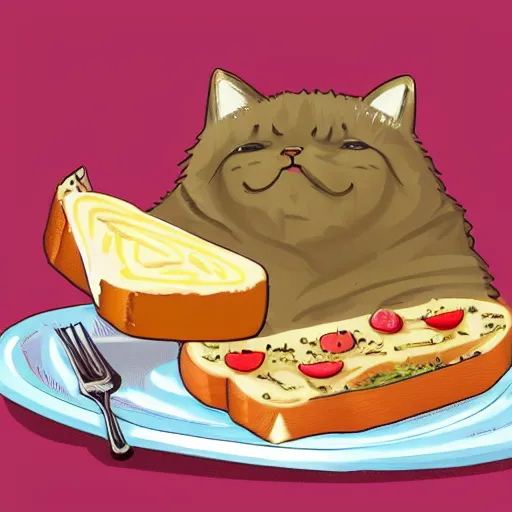 Image similar to obese cat sitting next to a slice of toast with indomie mi goreng noodles on top, traditional artstyle