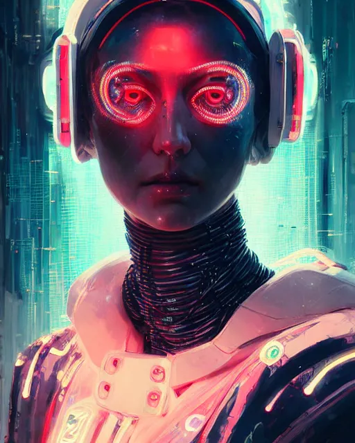 Prompt: detailed portrait cybernetic woman, cyberpunk futuristic neon, reflective puffy coat, decorated with traditional japanese ornaments by ismail inceoglu dragan bibin hans thoma greg rutkowski alexandros pyromallis nekro rene maritte illustrated, perfect face, fine details, realistic shaded, fine - face, pretty face