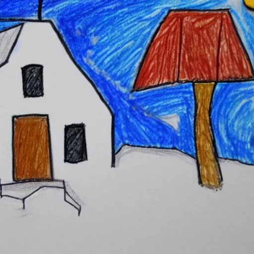 Prompt: a child's drawing of a house on a snowy night
