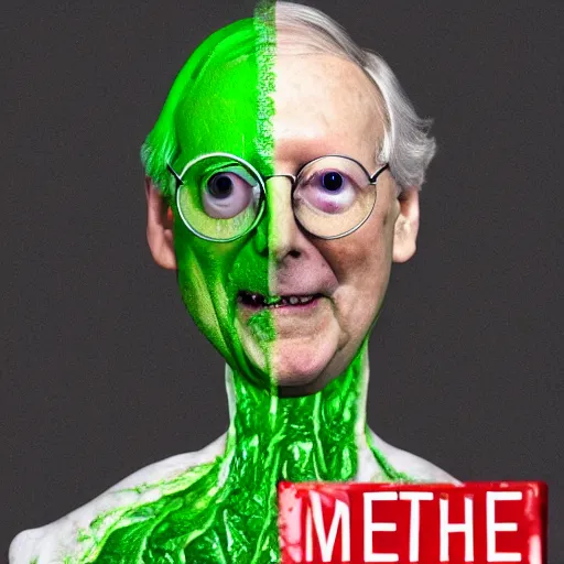 Image similar to the melting slimy face of villain mitch mcconnell flesh monster. horror film photograph.