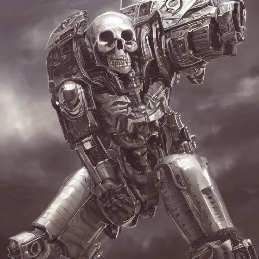 Image similar to cinematic higly detailed intricate skull mecha armor futuristic made of a hard white metallic surface with dramatic lighting