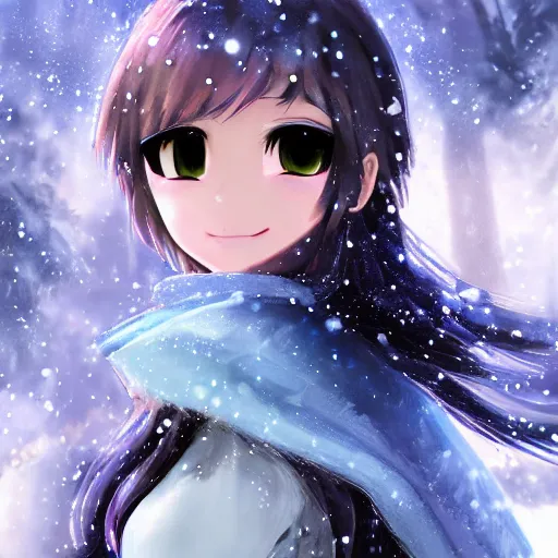 Image similar to portrait focus of knight beautiful 3D anime girl, Frozen ice armor wearing, dark forest background, snowing, bokeh, inspired by Masami Kurumada, digital painting, high contrast, unreal engine render, volumetric lighting, high détail