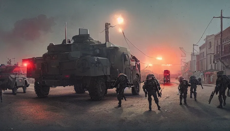 Image similar to a militarized police vehicle with mounted weapons riding through an orwellian town, troops searching the area, action scene, an epic fantasy, dramatic lighting, cinematic, establishing shot, extremely high detail, photorealistic, cinematic lighting, artstation, octane render, by simon stalenhag, horizon forbidden west