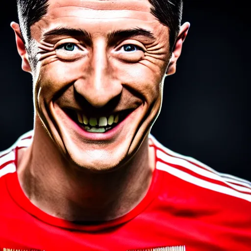 Prompt: Robert Lewandowski smiling while posing for a photo, award winning photography, HDR, studio lighting, dynamic pose, medium close shot, shot on Canon EOS R5, f/2.5,