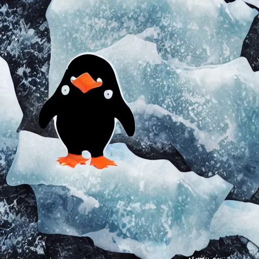 Prompt: A penguin on a icy cliff dressed as a gothic emo. Illustration