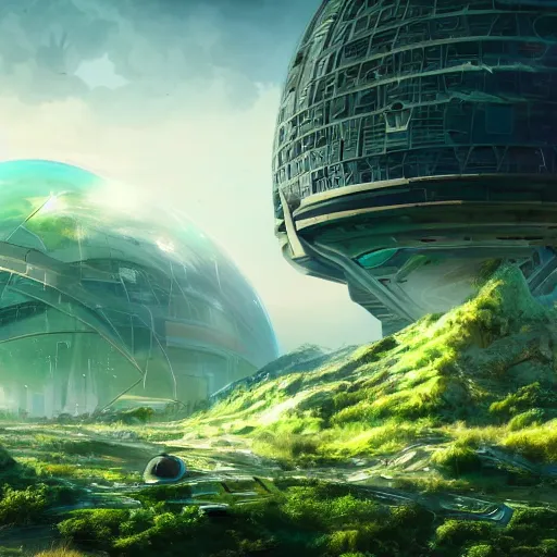 Prompt: futuristic green environment city enclosed within a glass dome on an apocalyptic wasteland planet, zoomed out view, cinematic view, epic sky, detailed, concept art, high detail, warm lighting, volumetric, retracing, 4 k, vivid, beautiful, trending on artstation, by jordan grimmer, huge scene, grass, art greg rutkowski