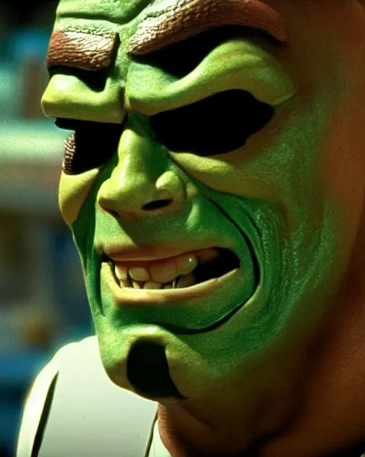 Image similar to film still close - up shot of dwayne johnson as jim carrey from the movie the mask. photographic, photography