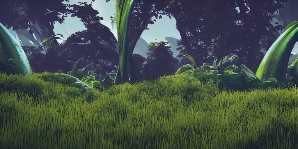 Prompt: abstract 3d landscape painting with vegetation by zaha hadid in no mans sky style, redshift, octane