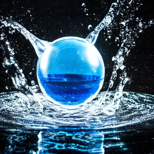 Prompt: professional photo of the raw essence of the element of water, glass perfectly round sphere hovering in the air, arcane magic, ultra detailed, dramatic lighting, caustics