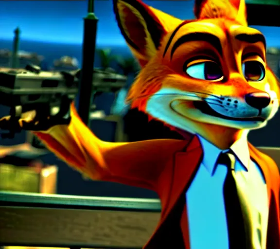 Image similar to nick wilde as max payne 3 set in gritty neo - noir zootopia, favela / furvela