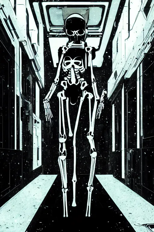 Prompt: skeletal black mecha walking down white marble hallway, Skeletal face android face one eye. mecha (carbon fiber) long limbs black panels reflective. Skeletal face android face one eye ((glowing_red_eye)) exposed wiring cable wire harness RTX On UE5 Artstation Bladerunner_2049_scene!!!!!! Cyberpunk 2077 bladerunner2049!!! bladerunner!!!