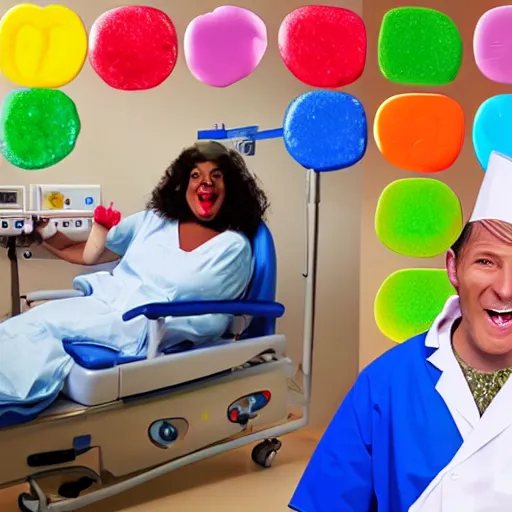 Image similar to photo of a happy patient and doctor or nurse in a hospital room made out of soft candy, candy hospital equipment, candy hospital room, candy treatments, oompa loompa virus, willy wonka pandemic