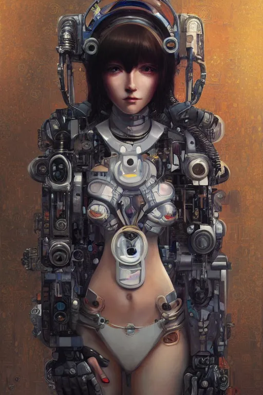 Image similar to portrait of beautiful young robot, cyberpunk, Warhammer, highly detailed, artstation, illustration, art by Gustav Klimt and Range Murata and Ilya Kuvshinov and Sakimichan