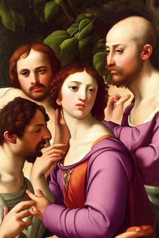 Image similar to renaissance painting of men, portrait, gossip face closeup, emotions closeup, dressed in roman clothes, the beautiful garden with lavender bush everywhere, ultra detailed, art by guido reni style, vincenzo catena style