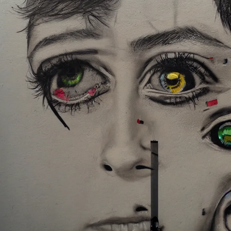 Prompt: Street-art painting of eyes in style of JR, photorealism