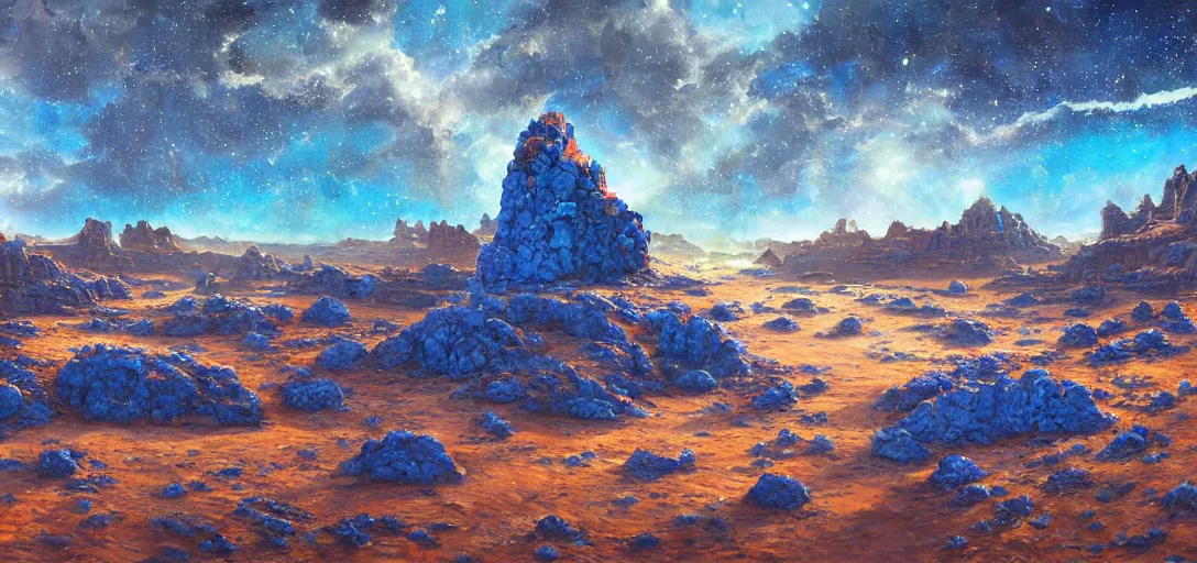 Prompt: a sparkling blue desert with streams of coloured sand glittering with alien rock formations, artstation 3 d, oil painting, vast, epic composistion