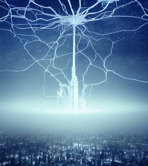 Image similar to surreal neuron city tower, breaking the waves, made of crystalized synapse, aerial iridecent veins, moonbow, in the desert, foggy sky, dark starry night, octane render, unreal engine, pale colors, high detail, 8 k, wide angle, trending on artstation, behance