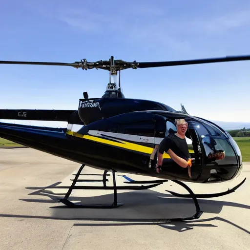 Prompt: blonde swedish guy and tall korean guy in front or robinson r 4 4 helicopter