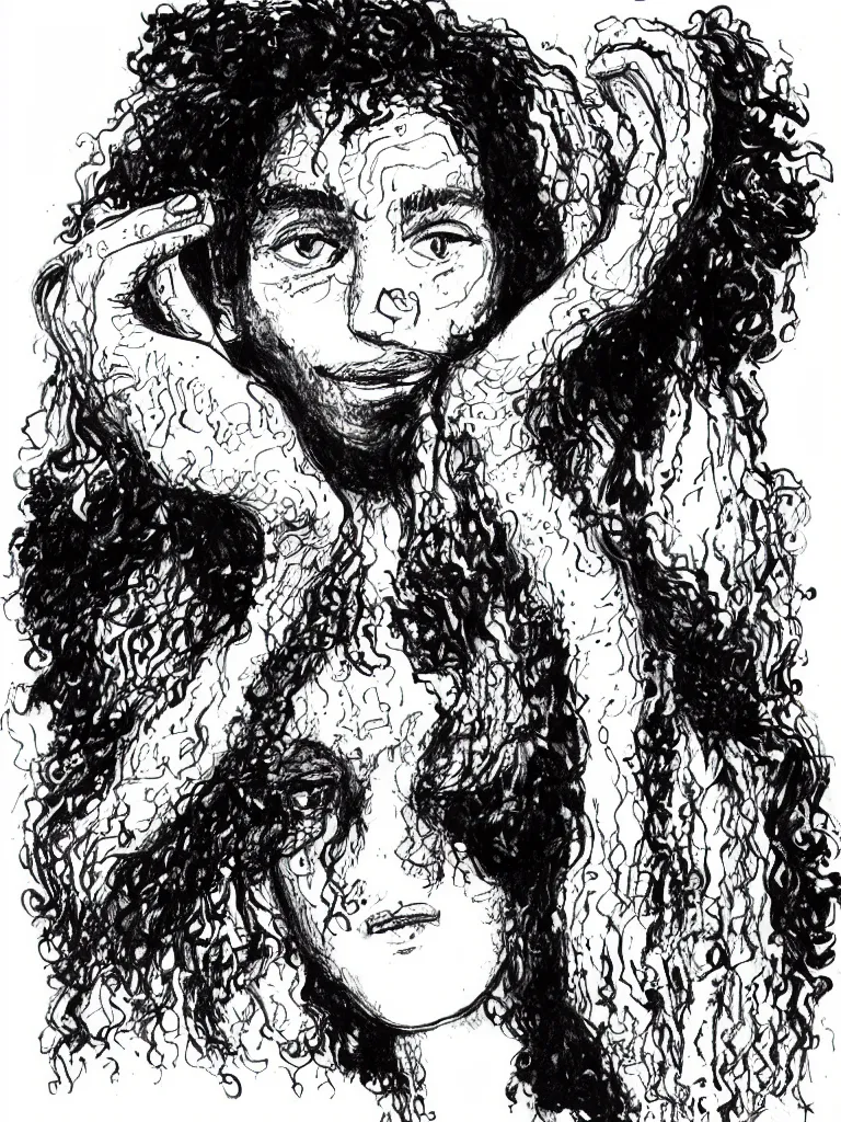 Image similar to face portrait of a teenager with a big nose and curly black hair, hand drawn illustration, ink and marker, by andrea pazienza