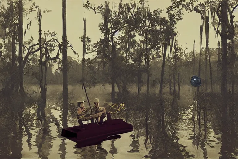 Prompt: scene from louisiana swamps, airboat, neon satanic pentagram, boy scout troop, voodoo artwork by tim eitel