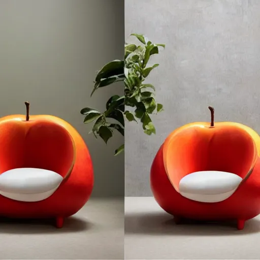 Prompt: an armchair in the shape of an apple. apple armchair. the armchair is imitating an apple.